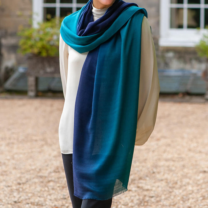 Navy to Teal Shaded Cashmere and silk Wrap