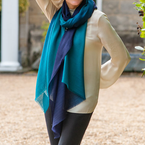 Navy to Teal Shaded Cashmere and silk Wrap