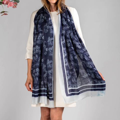 The Toile de Jouy Trilogy-Navy Toile Cashmere and Silk Wrap