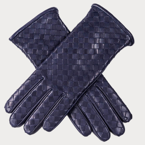 Navy Blue Woven Italian Leather Gloves - Cashmere Lined