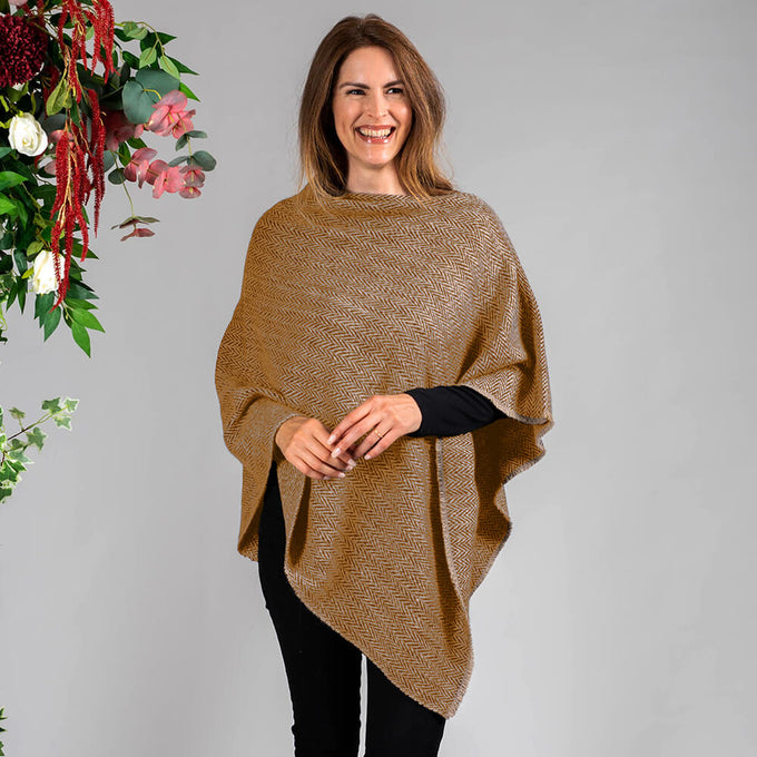 Hand Woven Burnt Orange & Natural Chunky Cashmere Poncho