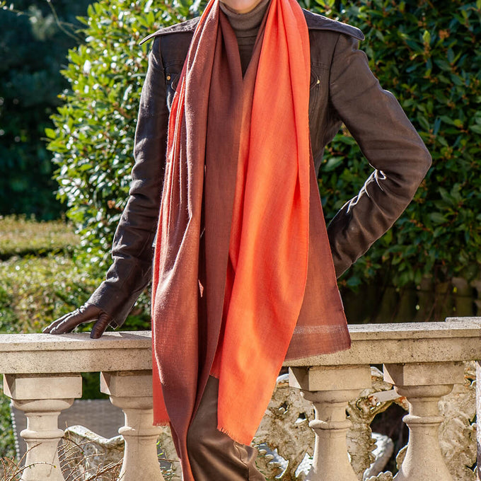 Chestnut to Coral Shaded Cashmere and Silk Wrap