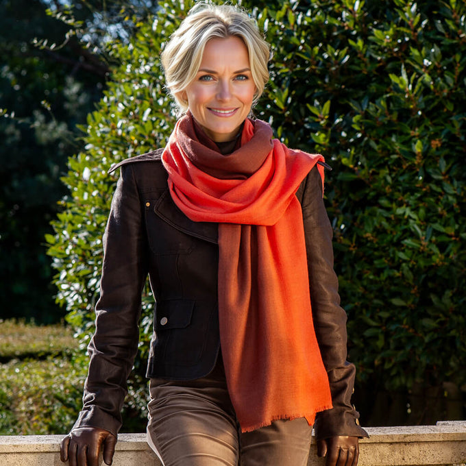 Chestnut to Coral Shaded Cashmere and Silk Wrap