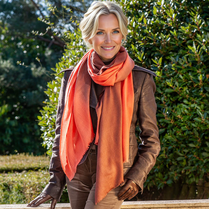 Chestnut to Coral Shaded Cashmere and Silk Wrap