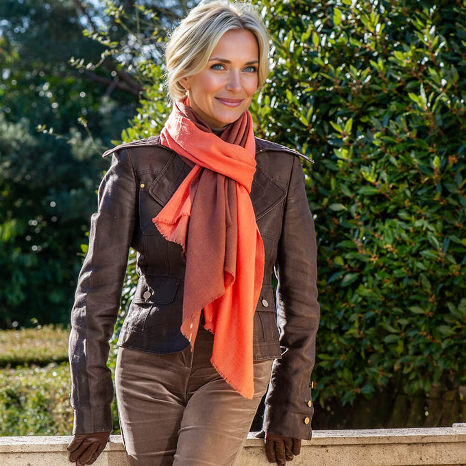 Chestnut to Coral Shaded Cashmere and Silk Wrap