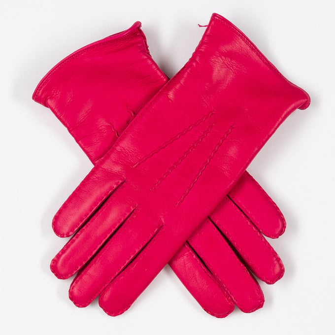 Ladies Fuchsia Hand Stitched Cashmere Lined Leather Gloves