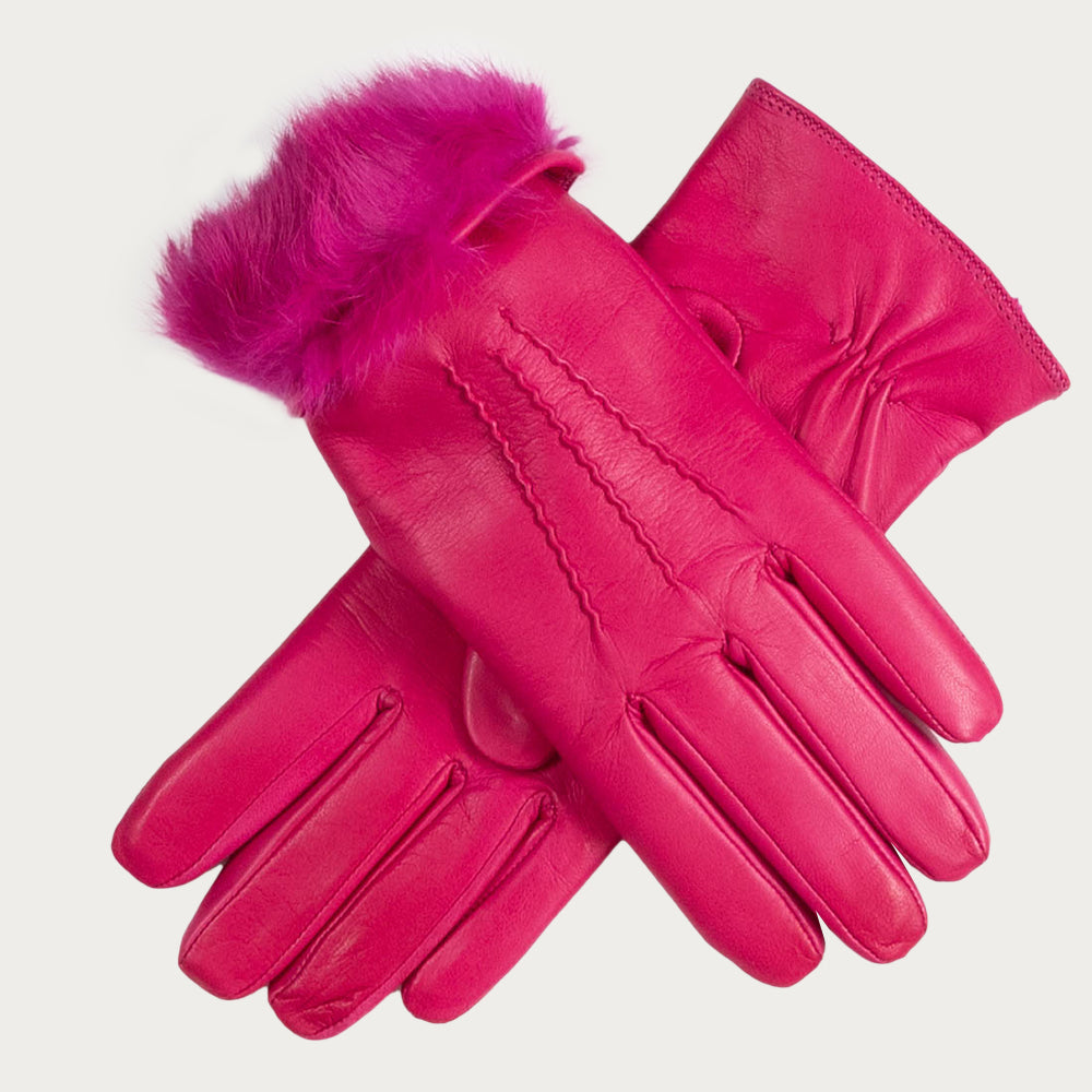 Pink Fur Lined Leather Gloves Black