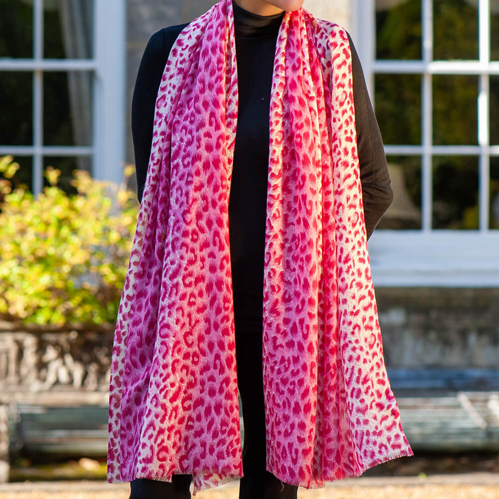 Pink Leopard Print Cashmere and Silk Scarf –