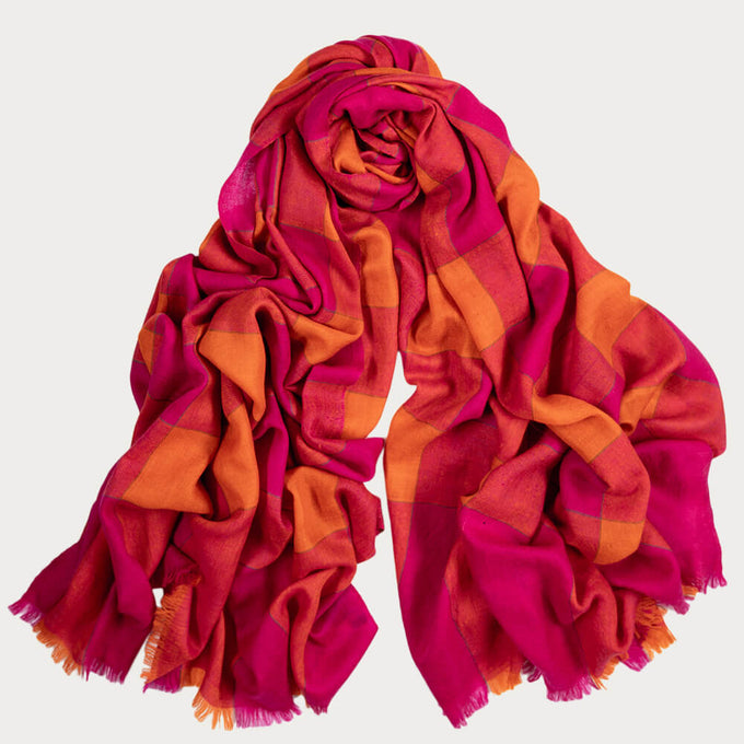 Hot Pink and Orange Hand Woven Check Cashmere Ring Shawl