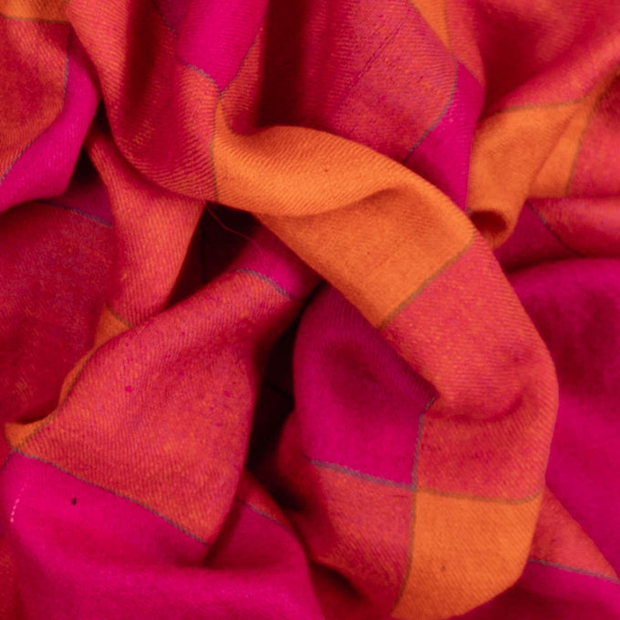 Hot Pink and Orange Hand Woven Check Cashmere Ring Shawl