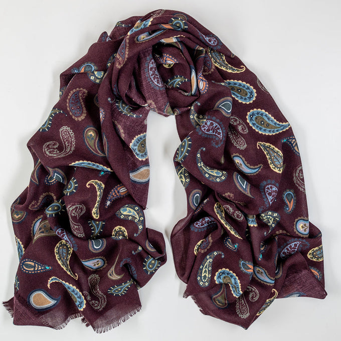 Brisighella Aubergine Paisley Wool Scarf