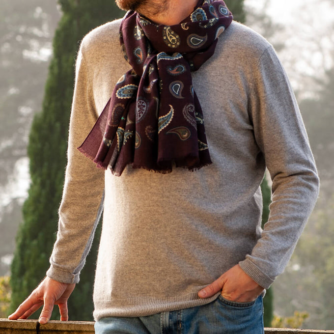 Brisighella Aubergine Paisley Wool Scarf