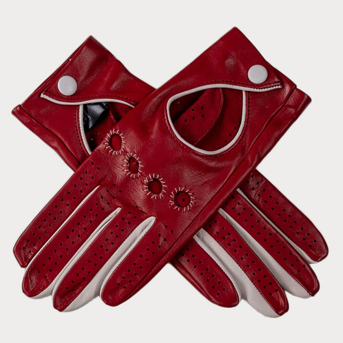 Ladies Red and Ivory Italian Leather Driving Gloves