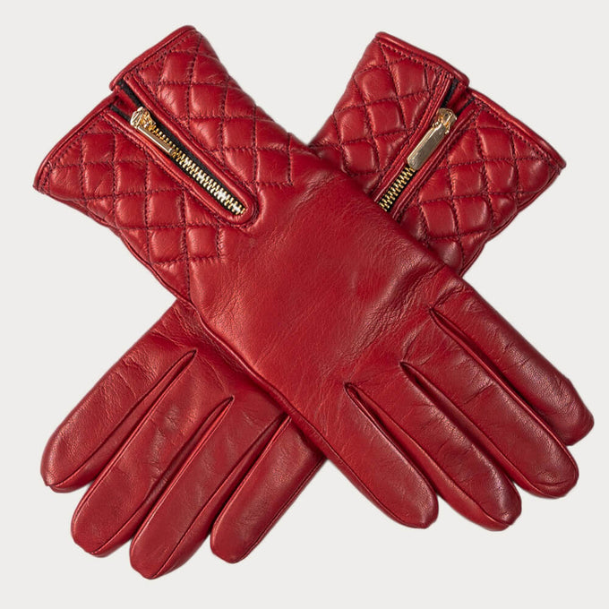 Cardinal Red Quilted Leather Gloves with Zip - Cashmere Lined