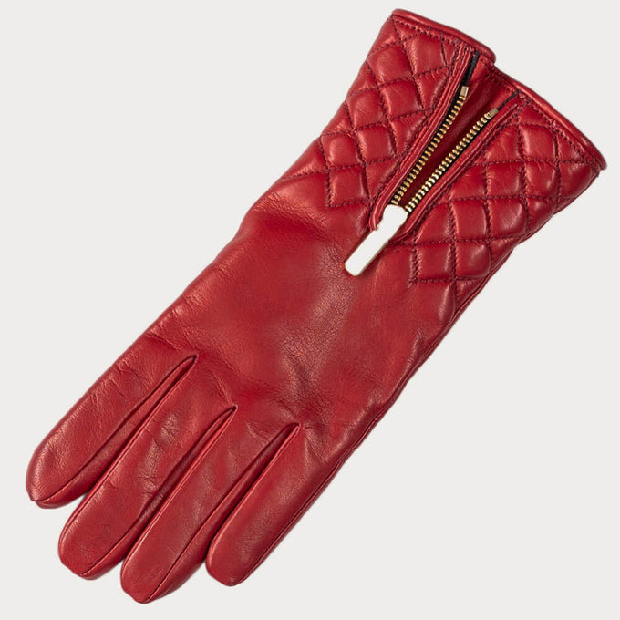 Cardinal Red Quilted Leather Gloves with Zip - Cashmere Lined