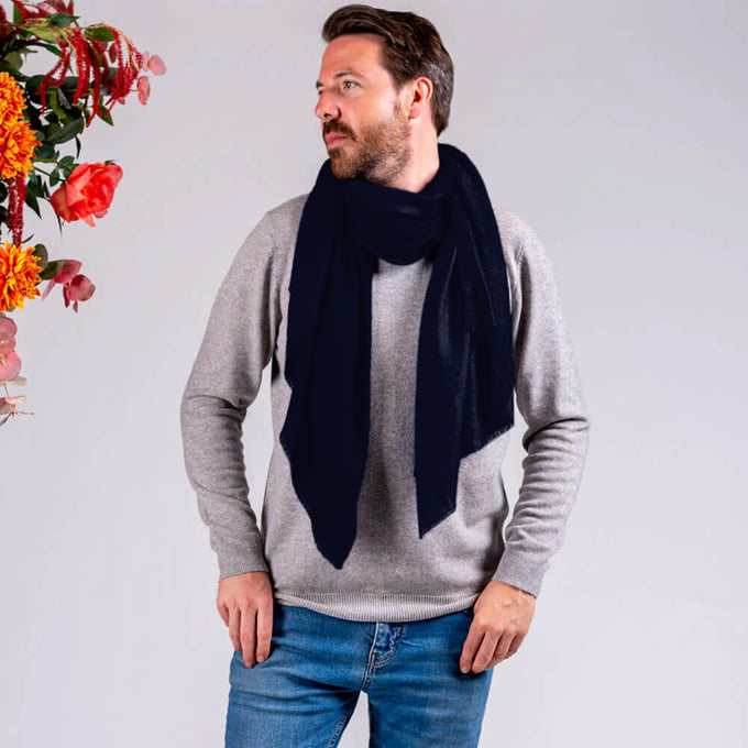 Classic Navy Silk and Wool Scarf