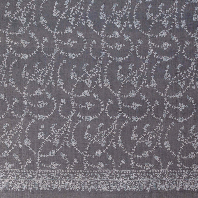 Hand Embroidered Pashmina Cashmere Shawl - Soft Grey & White
