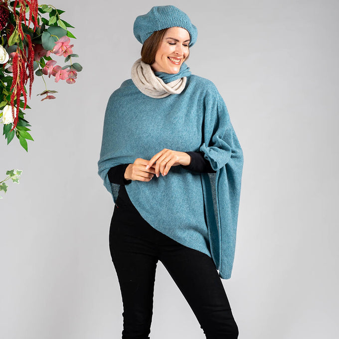Dusty Teal Knitted Cashmere Poncho