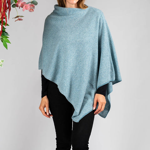Soft Teal and Ivory Knitted Cashmere Poncho