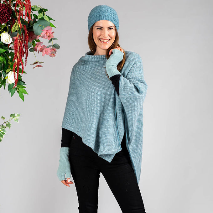 Soft Teal and Ivory Knitted Cashmere Poncho