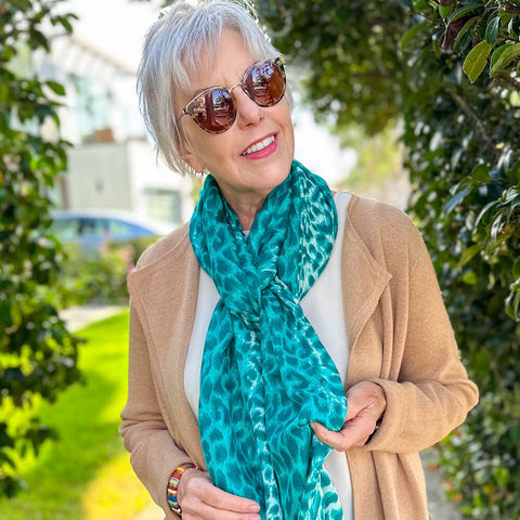 Teal Leopard Print Cashmere and Silk Wrap