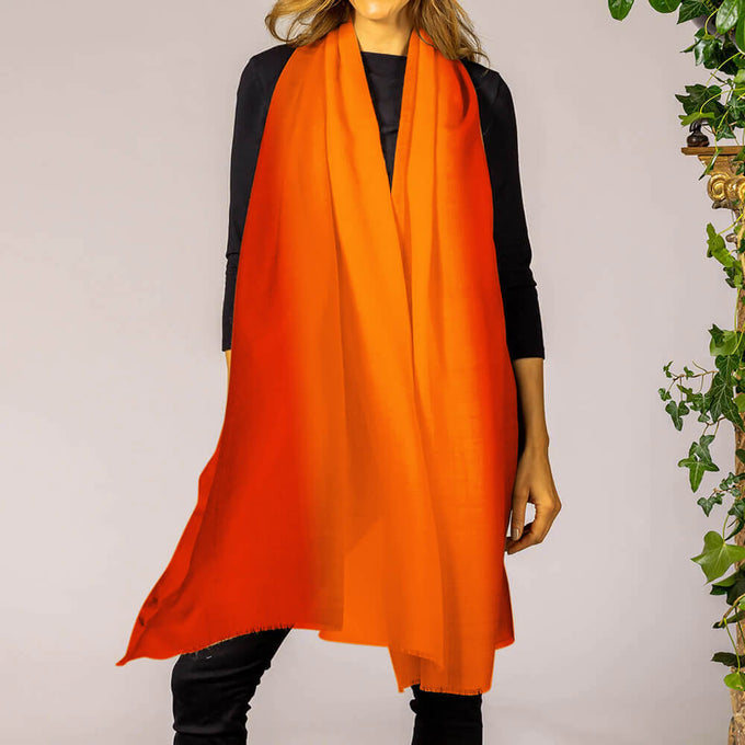 Tiger Orange to Flame Shaded Cashmere and Silk Wrap