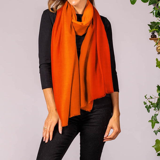 Tiger Orange to Flame Shaded Cashmere and Silk Wrap