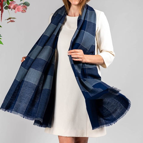 French Blue and Navy Check Cashmere Shawl