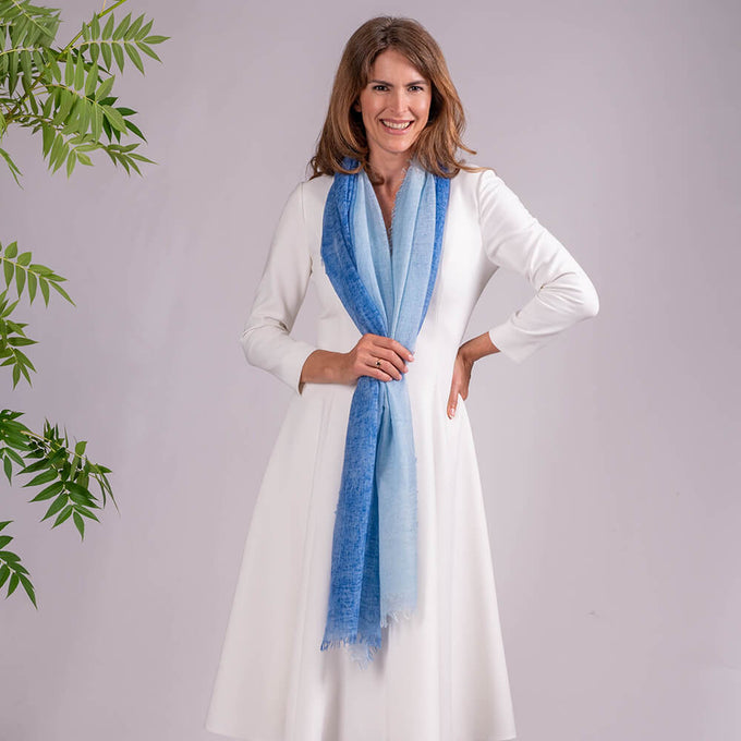 Blue Diaphanous Cashmere Spray Print Wrap