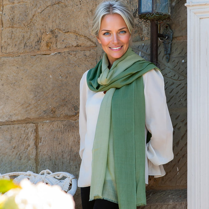 Pistachio to Sage Shaded Cashmere and Silk Wrap