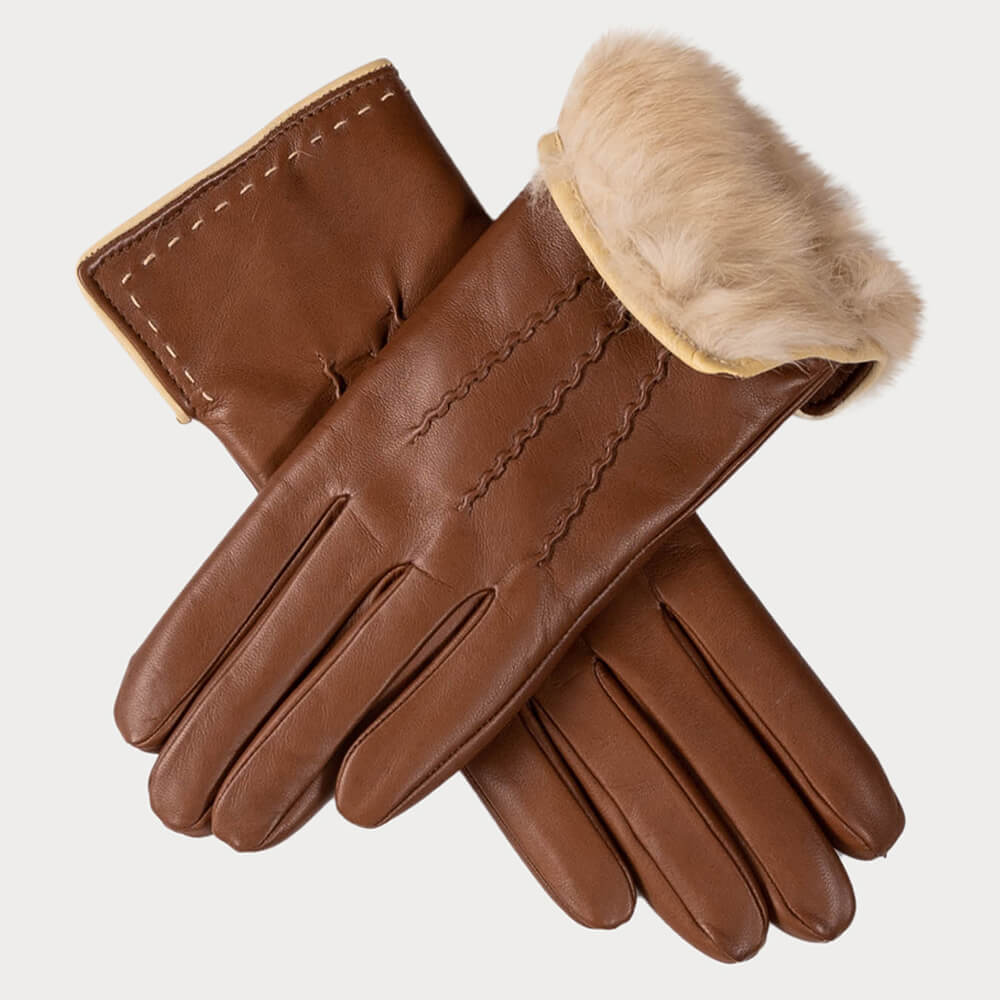 Brown and Cream Fur Lined Leather Gloves – - Main Image