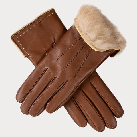 Hazelnut Brown and Cream Rabbit Fur Lined Leather Gloves