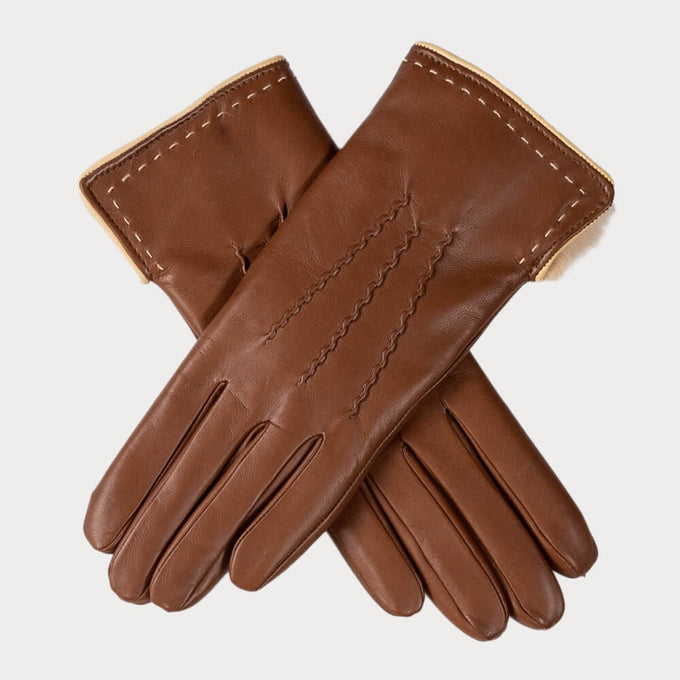 Hazelnut Brown and Cream Rabbit Fur Lined Leather Gloves