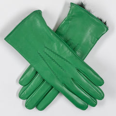 Kelly Green Rabbit Fur Lined Leather Gloves