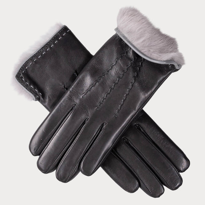 Pewter and Silver Grey Rabbit Fur Lined Leather Gloves