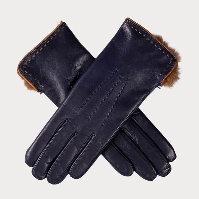 Navy and Caramel Rabbit Fur Lined Leather Gloves
