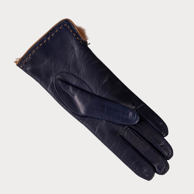 Navy and Caramel Rabbit Fur Lined Leather Gloves