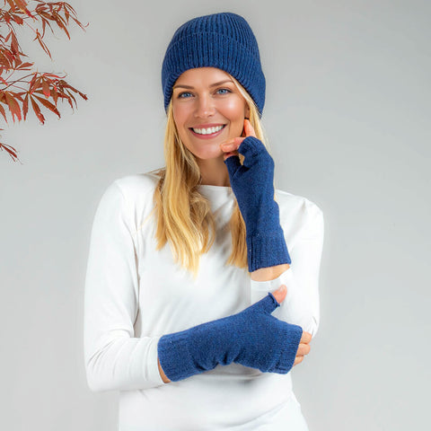 Navy Cashmere Beanie and Mittens Set