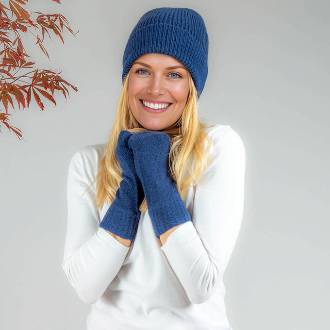 Navy Cashmere Beanie and Mittens Set