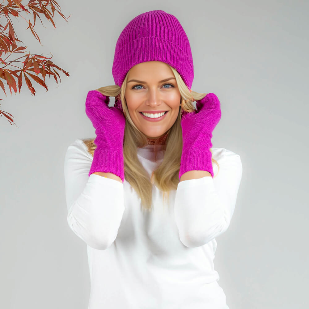 Fuchsia Pink Cashmere Beanie and Mittens Set