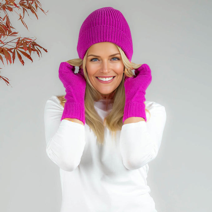 Fuchsia Pink Cashmere Beanie and Mittens Set