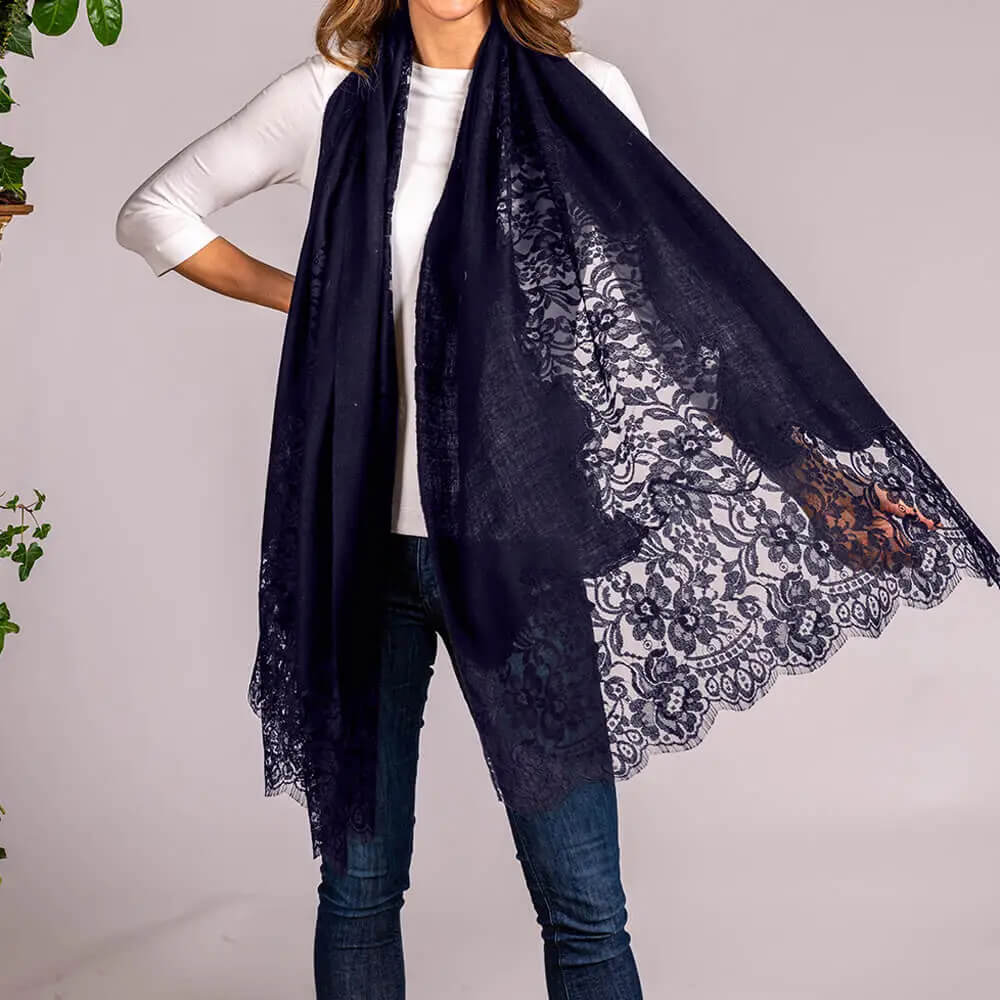 Navy Cashmere and Chantilly Lace Shawl â Black.co.uk