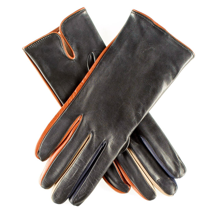 Black Leather Gloves with Multi Tone Detail - Silk Lined