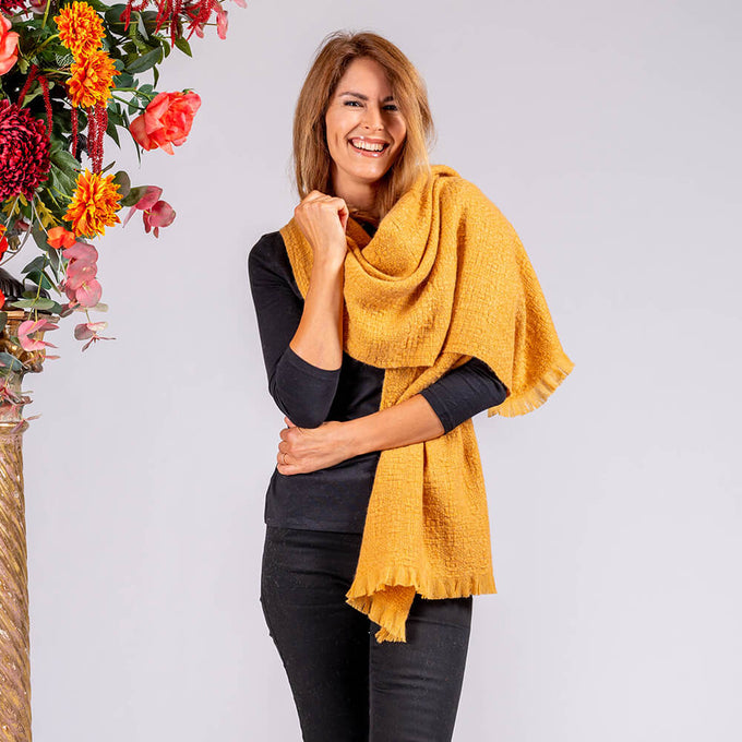 Super Luxe Amber Gold Basket Weave Cashmere Shawl