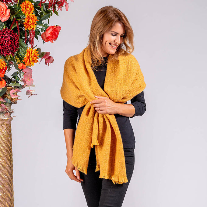 Super Luxe Amber Gold Basket Weave Cashmere Shawl