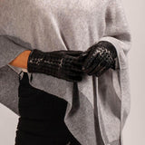 Black Woven Cashmere Lined Leather Gloves