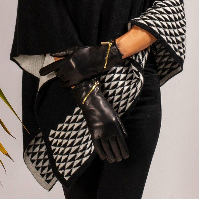 Ladies Black Rabbit Fur Lined Gloves with Zip