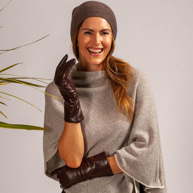 Ladies Chocolate Brown Cashmere Lined Leather Gloves