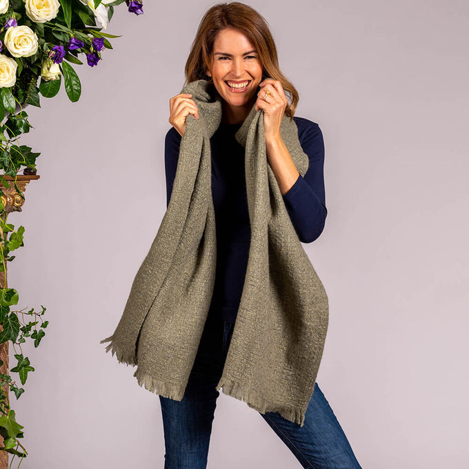 Super Luxe Shale Green Basket Weave Cashmere Shawl