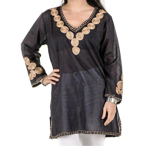 Black and Gold Embroidered Cotton Kaftan Top